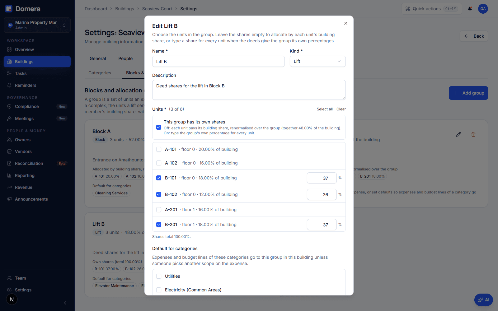 The group editor dialog for Lift B: name, kind, the ticked units B1 to B3 with their own percentages typed in, the running total, and the categories that default to the group