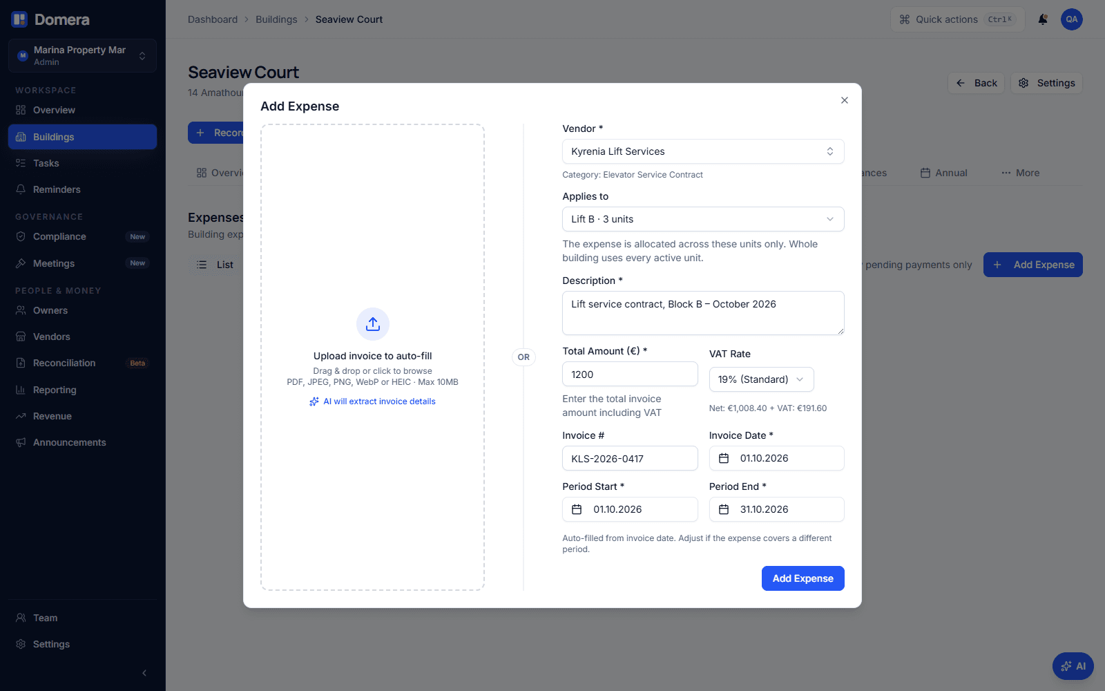 The Record expense dialog with a lift-service vendor selected and the Applies to field pre-set to Lift B · 3 units
