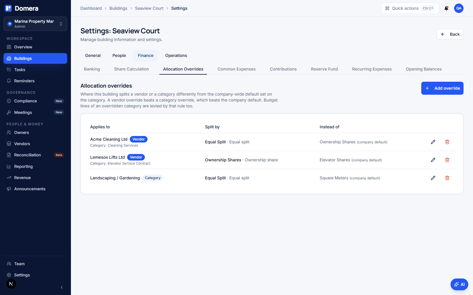 The Allocation Overrides tab in a building's settings, listing a vendor row for Acme Cleaning split equally, a vendor row for Lemesos Lifts, and a category row for Landscaping / Gardening, each with the company default it replaces