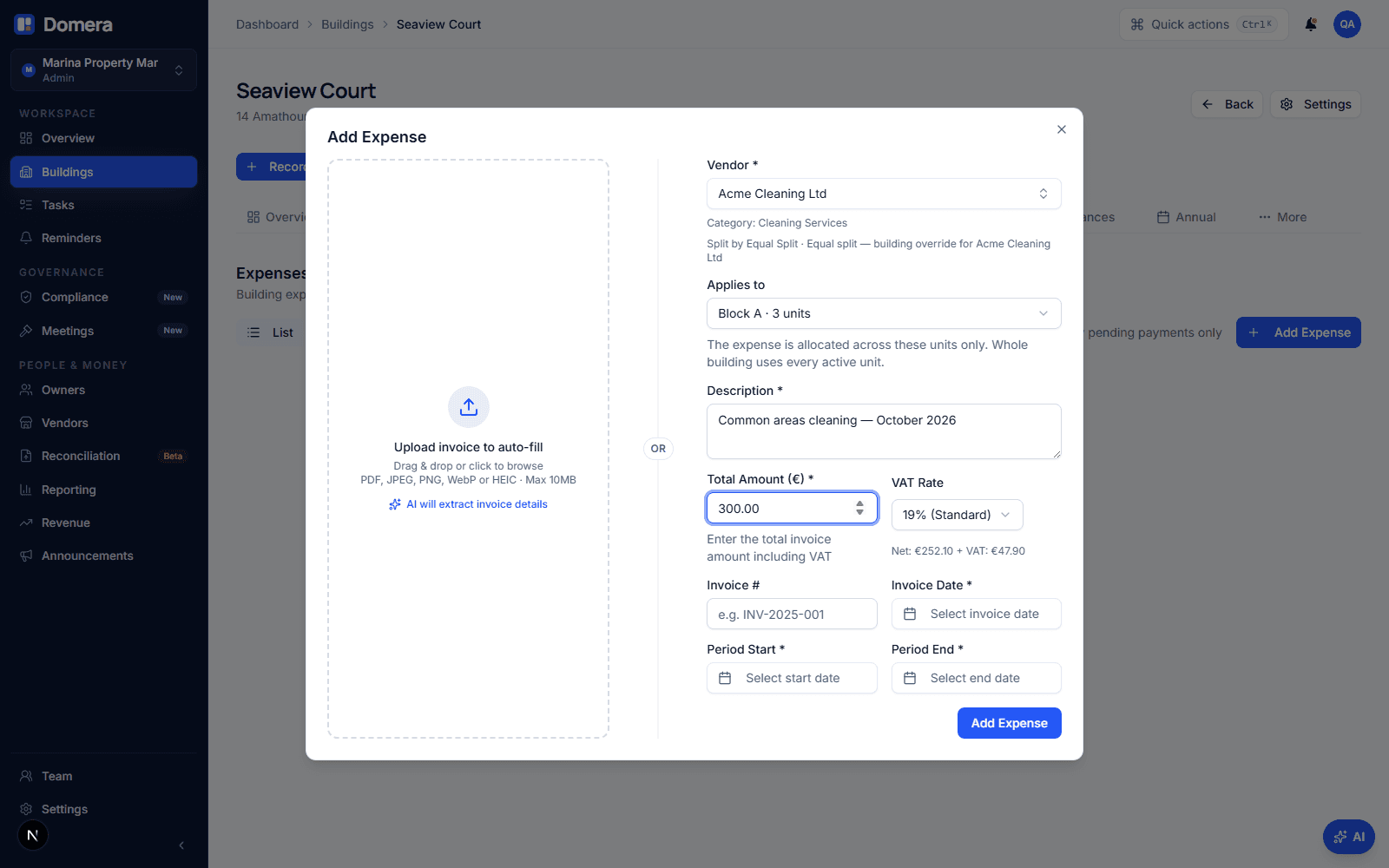The Record expense dialog with Acme Cleaning selected and a muted line under the vendor reading Split by Equal Split · Equal split — building override for Acme Cleaning Ltd