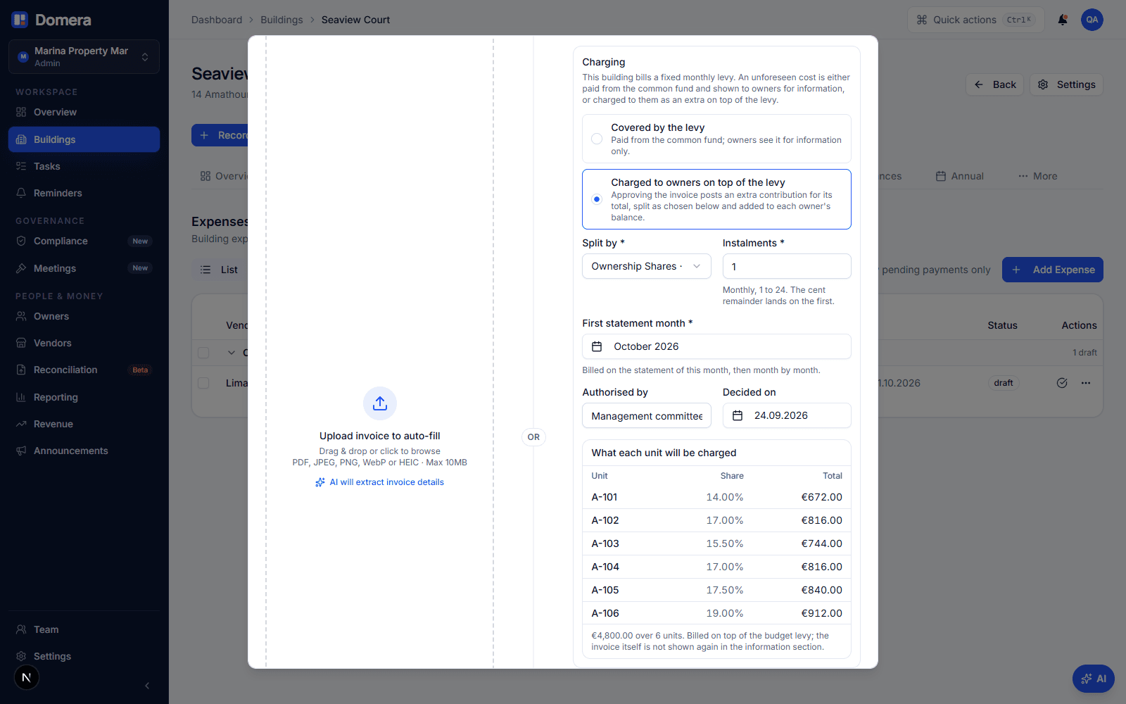 The Record expense dialog for a €4,800 lift motor invoice at Seaview Court with Charging set to Charged to owners on top of the levy, split by ownership share, one instalment from October 2026, and a preview table listing six units from €672.00 to €912.00
