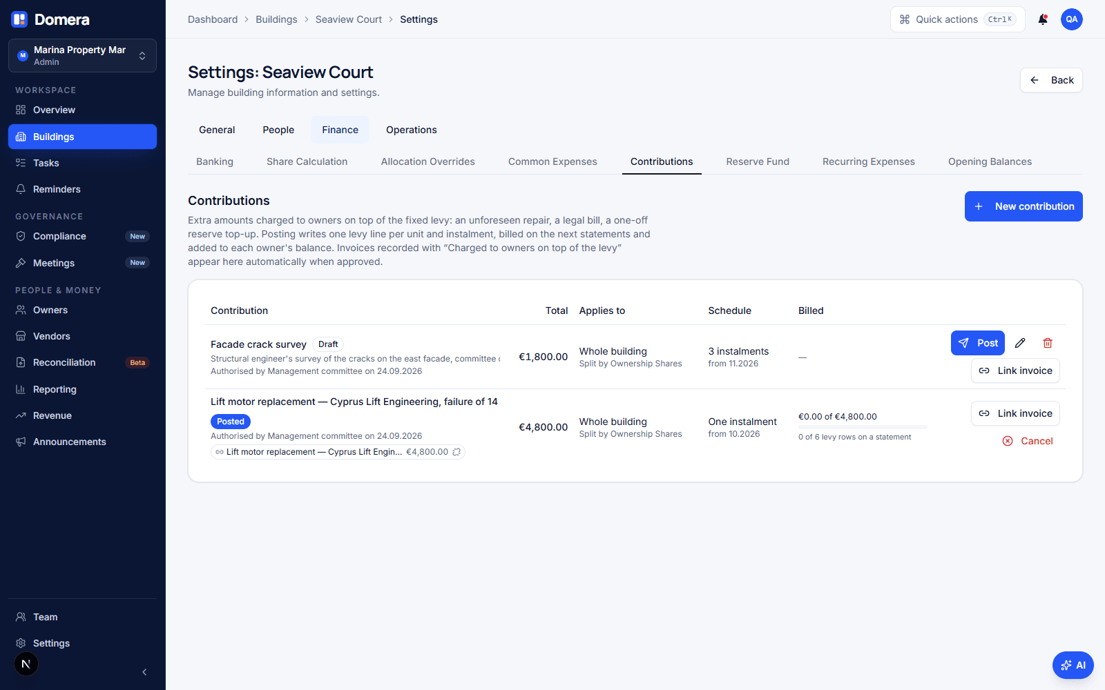 Building settings, Finance, Contributions tab at Seaview Court listing a posted lift motor replacement of €4,800 linked to its invoice and a draft facade survey of €1,800 over three instalments, with Post and Link invoice buttons