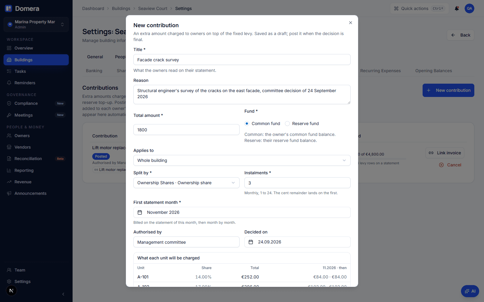 The New contribution form with title Facade crack survey, €1,800 to the whole building by ownership share in three instalments from November 2026, authorised by the committee, and a preview showing each unit's total and first instalment