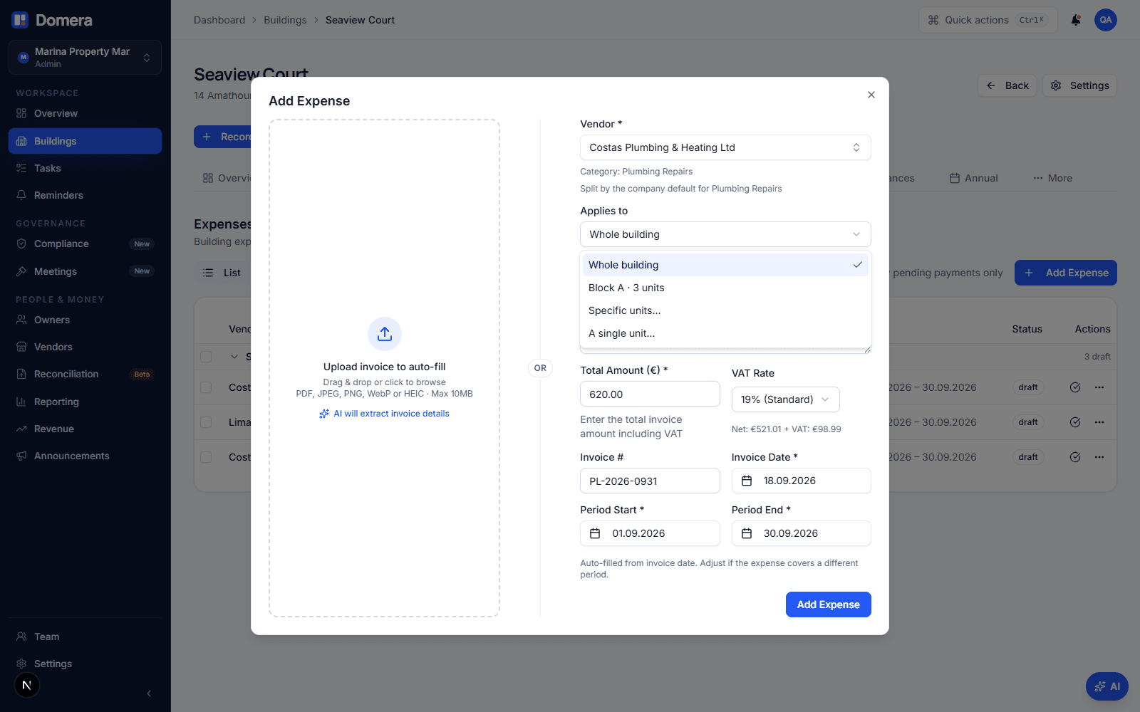 The Record expense dialog for a plumbing invoice at Seaview Court with the Applies to menu open, listing Whole building, Block A · 3 units, Specific units… and A single unit…