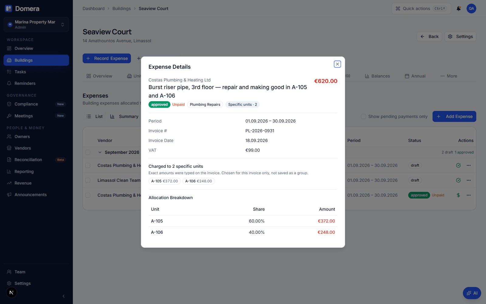 Expense details for the burst riser pipe invoice showing the Specific units · 2 badge, a block that says the invoice was charged to two specific units with exact amounts of €372.00 for A-105 and €248.00 for A-106, and the allocation table listing only those two units