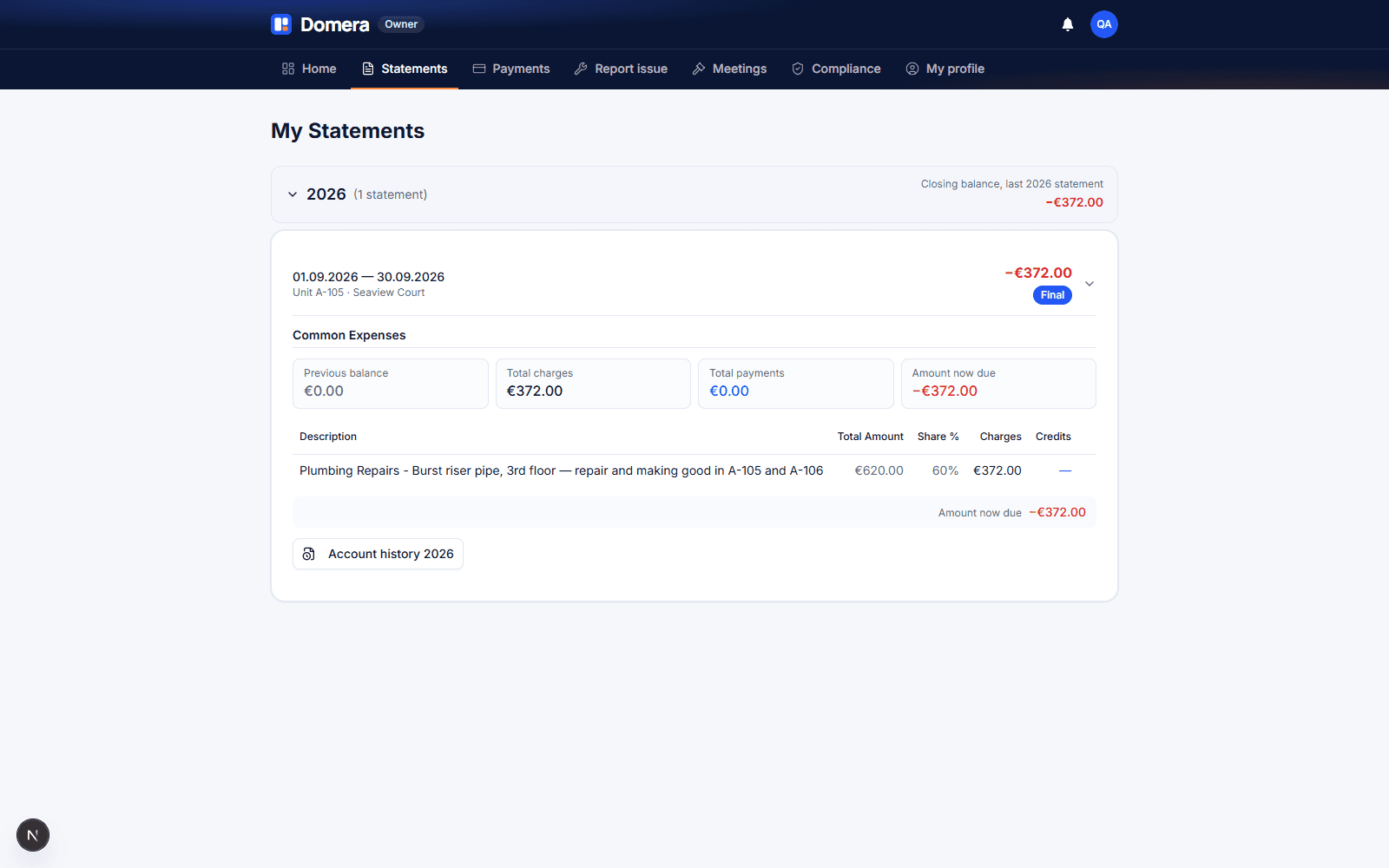 The owner portal statement for unit A-105 for September 2026 with the plumbing repair line showing a total of €620.00, a 60 % share and €372.00 allocated