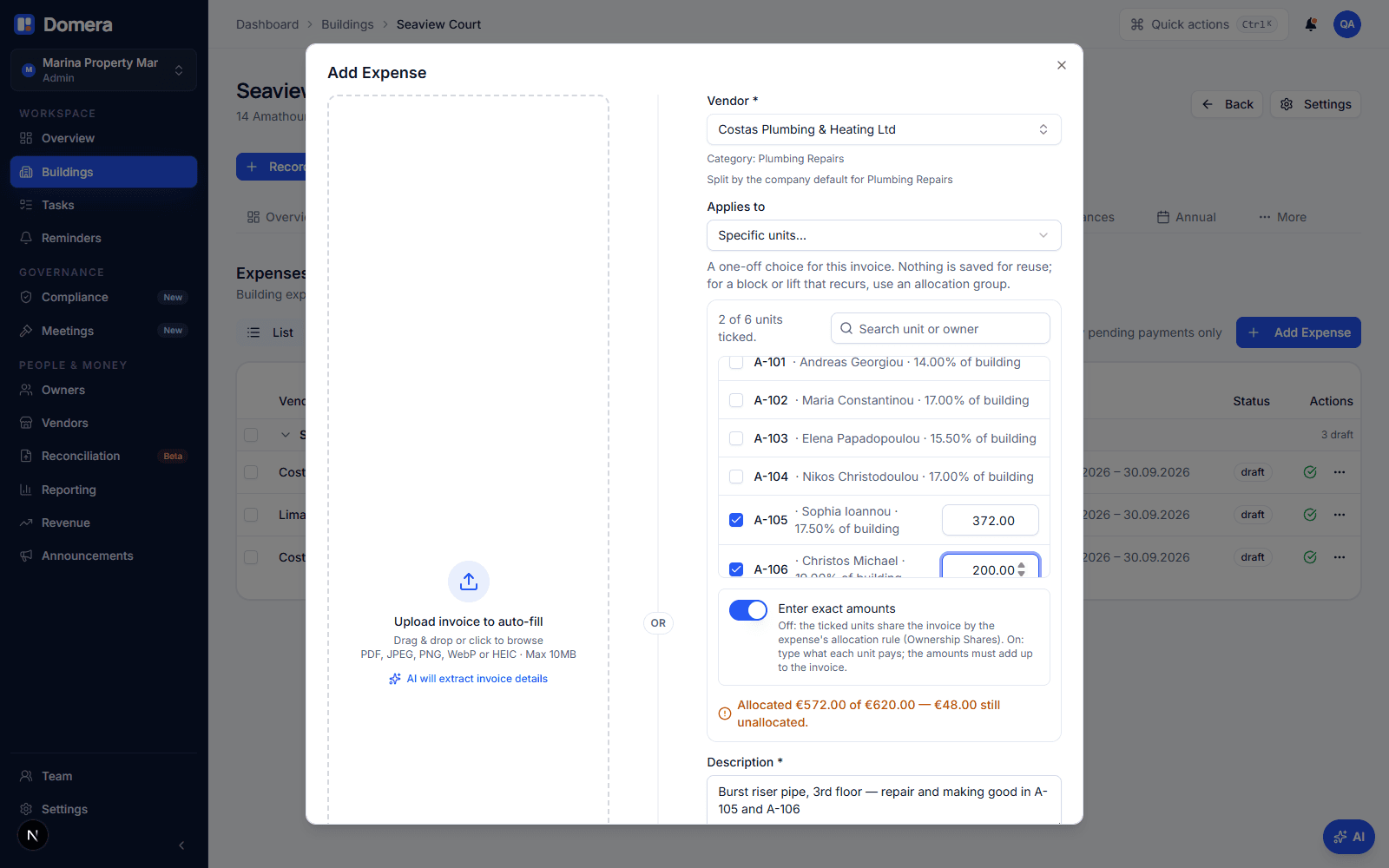The unit picker inside the Record expense dialog with A-105 and A-106 ticked, Enter exact amounts switched on, €372.00 and €200.00 typed, and the running total showing €572.00 of €620.00 with €48.00 still unallocated in orange