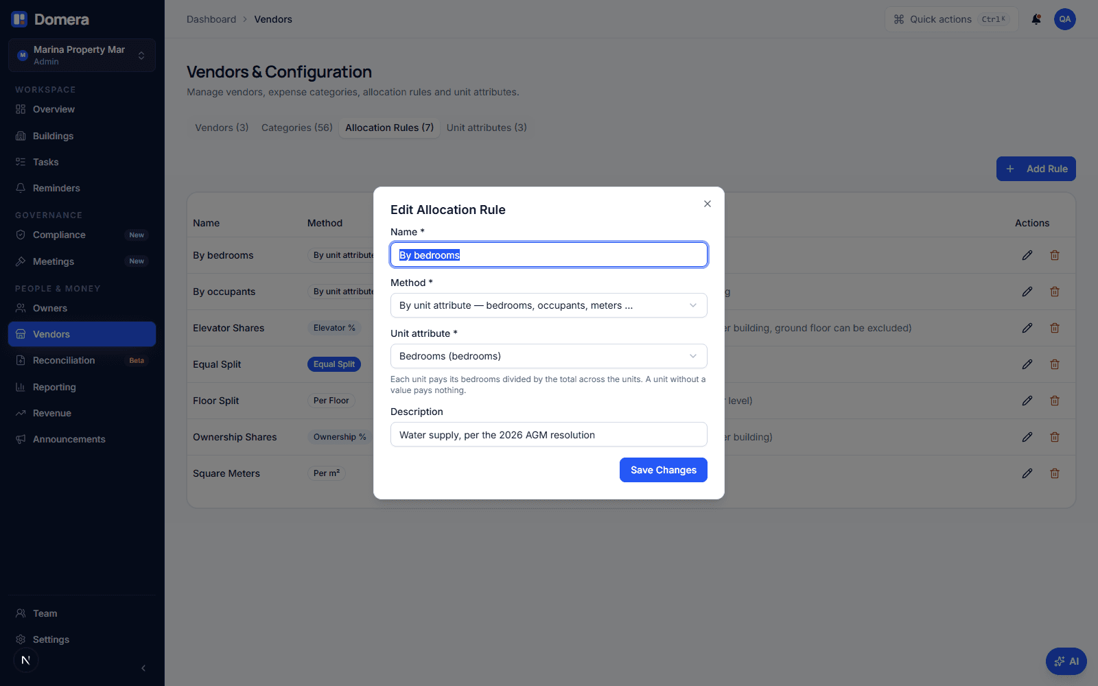 The Edit allocation rule dialog for By bedrooms with the method set to By unit attribute and the Unit attribute field set to Bedrooms