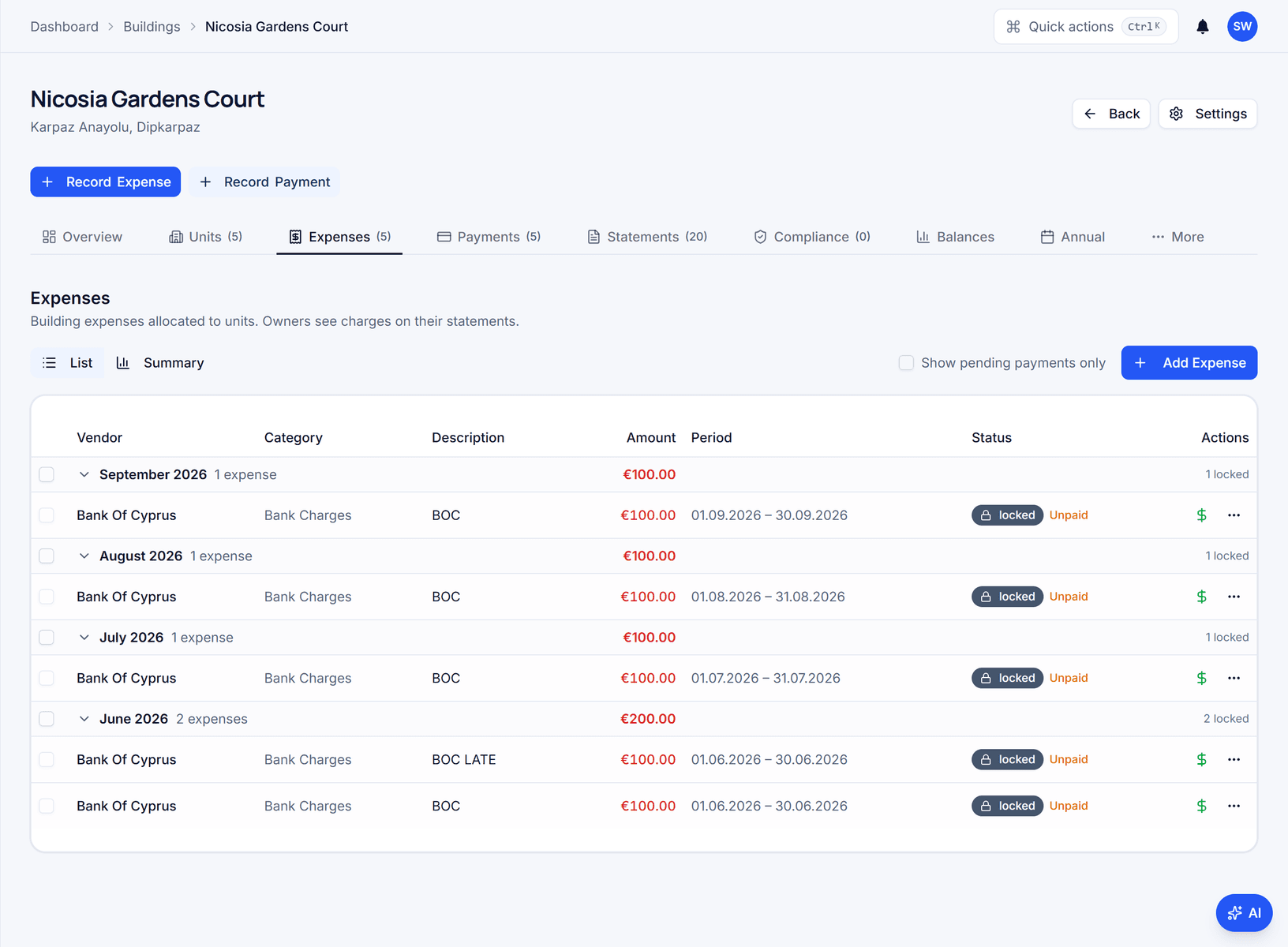 Recurring expenses table for a building listing a monthly cleaning template with vendor, fixed amount of €99.99, frequency, next due date and status