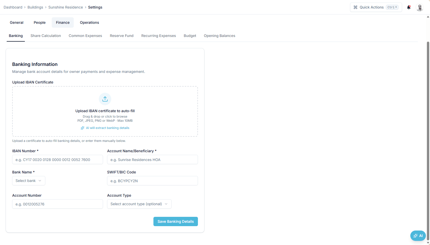 Banking settings for a building with an 'upload IBAN certificate to auto-fill' drop zone above IBAN, beneficiary, bank, SWIFT/BIC, account number and account type fields