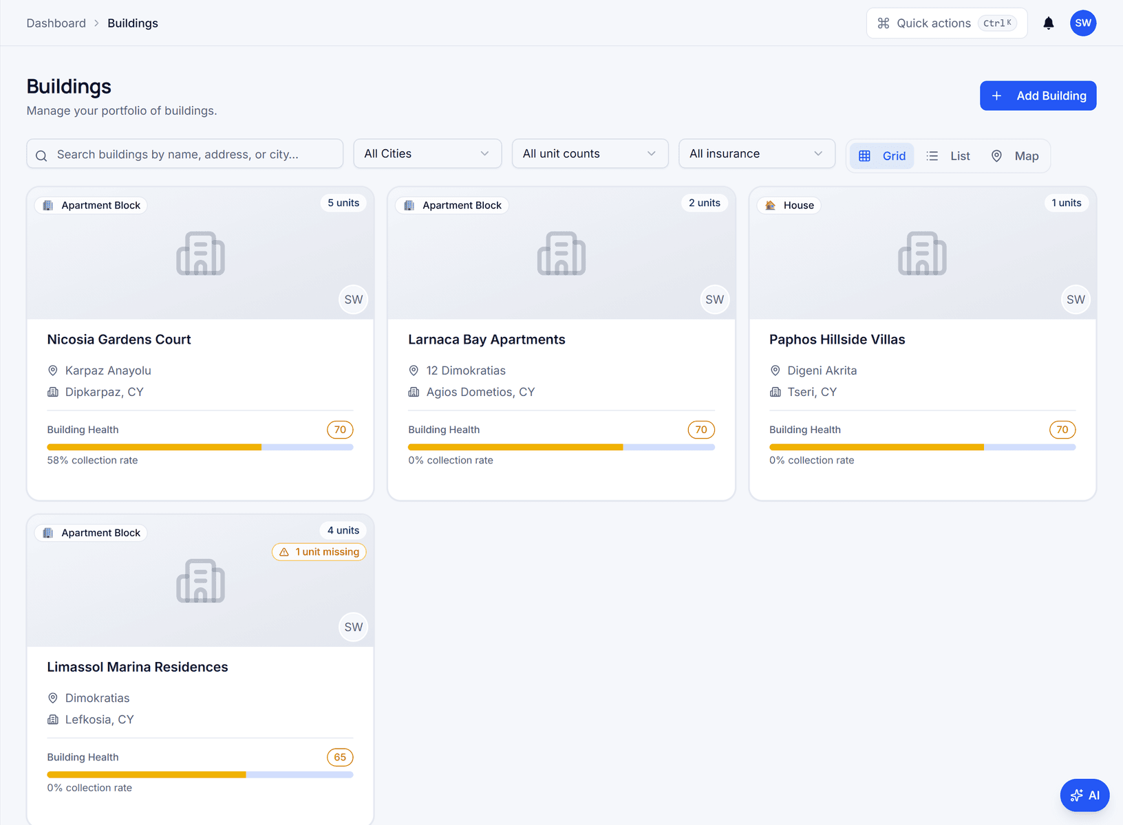 Domera buildings list showing every managed building with its health score, collection rate and open actions.