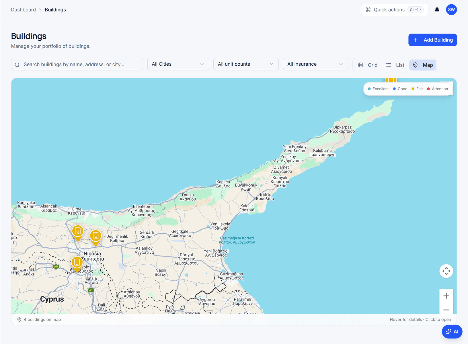 Domera portfolio map plotting managed buildings across Cyprus with colour-coded health indicators.