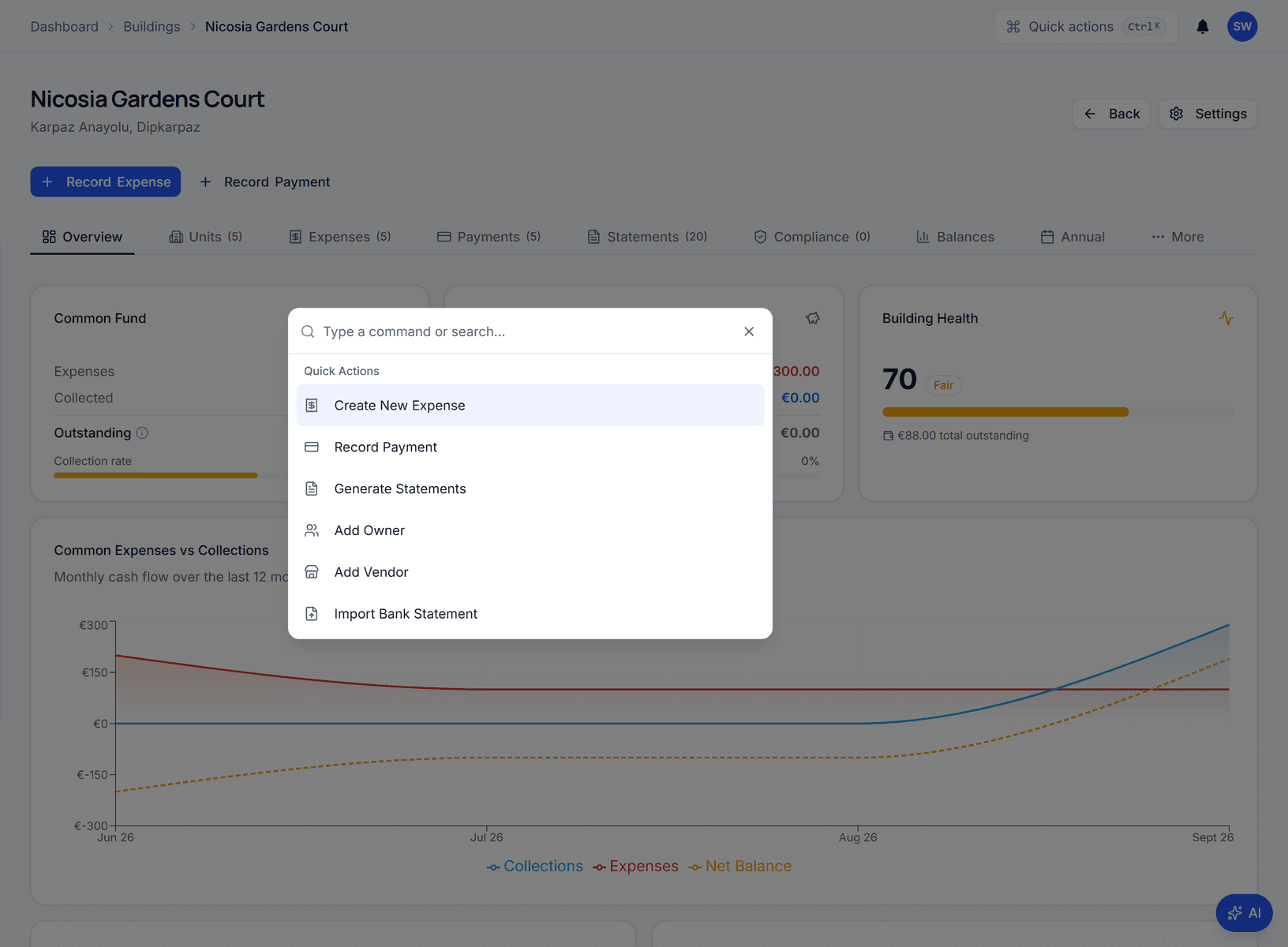 Command palette over the dashboard listing quick actions — create new expense, record payment, generate statements, add owner, add vendor — above a navigation section