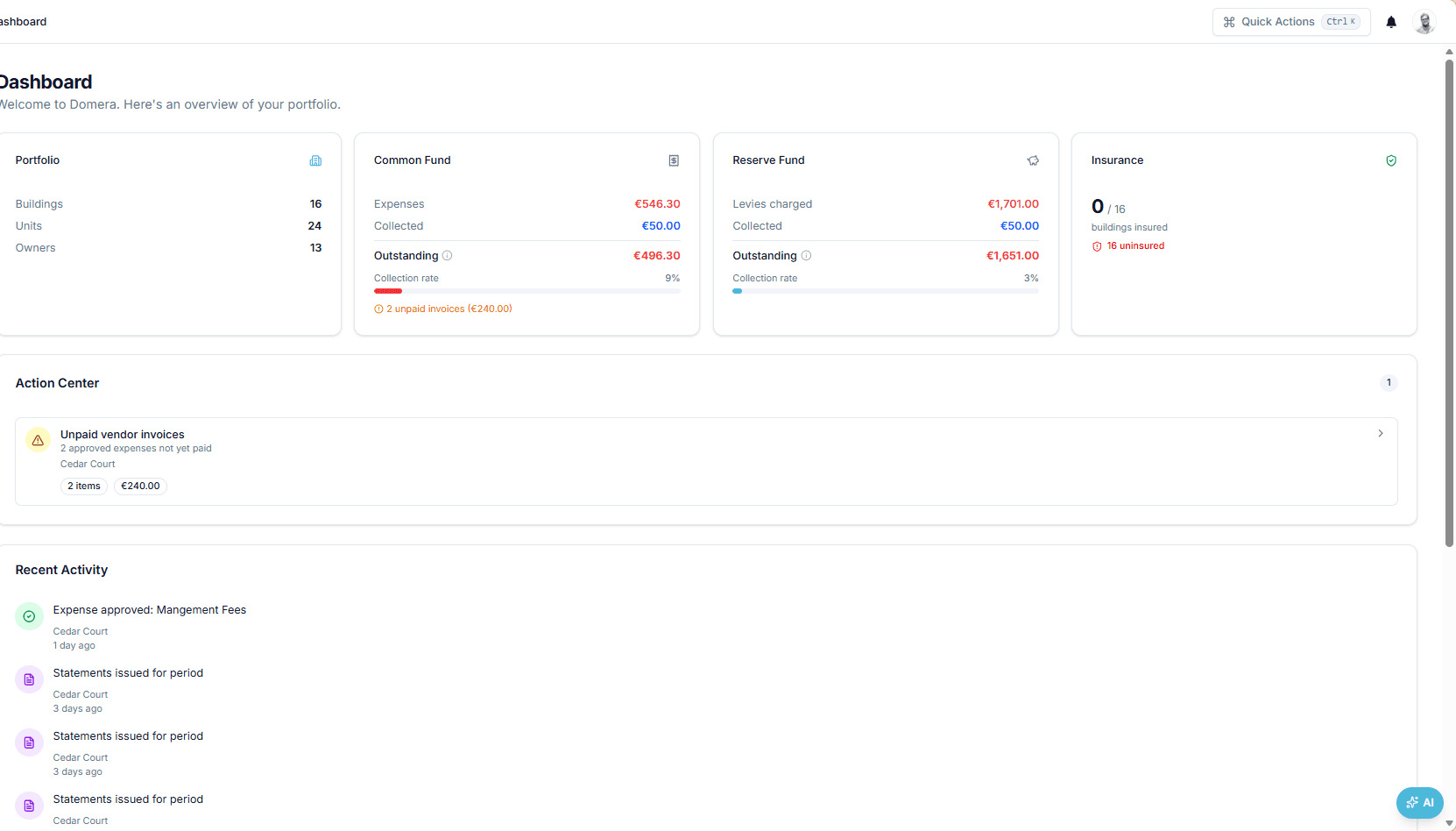 Dashboard with portfolio, common fund, reserve fund and insurance cards, one Action centre item — draft expenses need approval, €40.00, one building — and recent activity