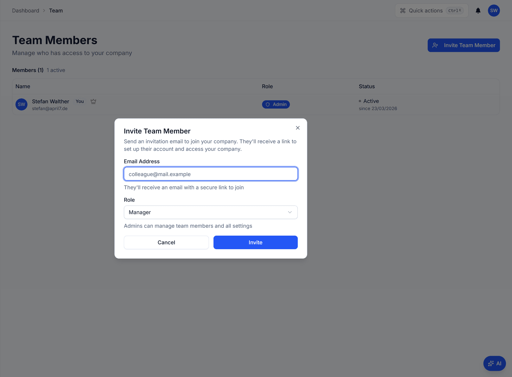 Domera team settings assigning managers to buildings with role-based access.