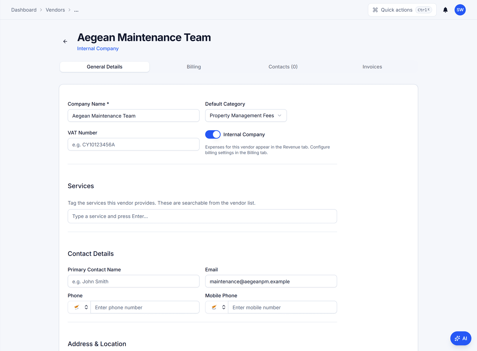 Vendor page for 'Aegean Maintenance Team' with the 'internal company' switch on, default category, VAT number, services and contact fields, and Billing and Invoices tabs