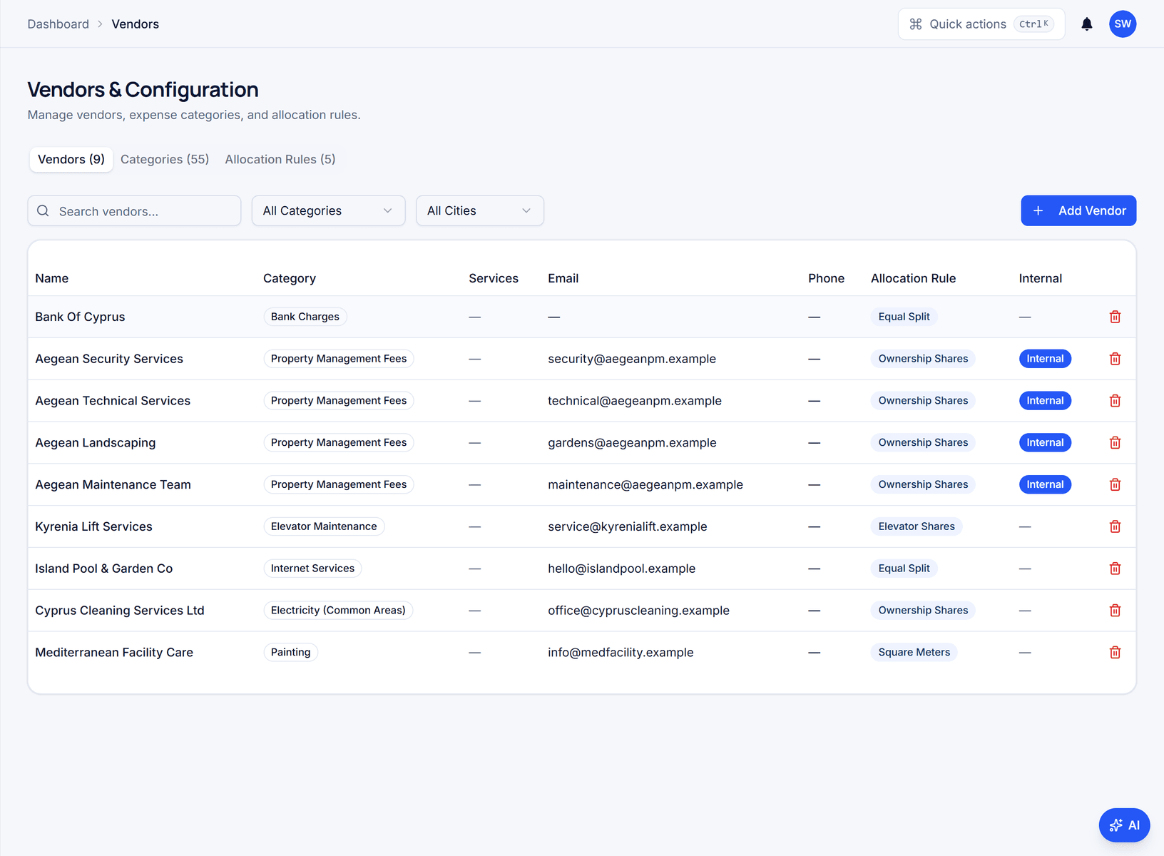 Expense categories grouped under Utilities and Maintenance and repairs, each with its default allocation rule such as ownership shares or elevator shares