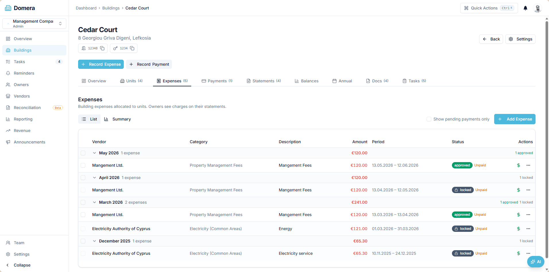 Building expenses workspace with categorized charges, periods, and approvals