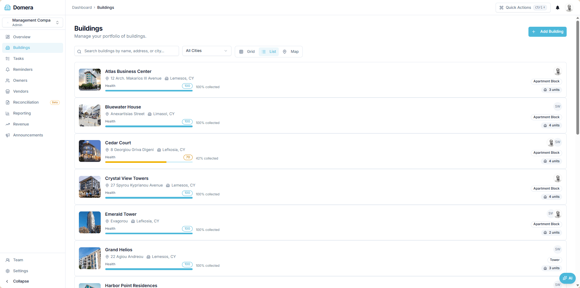 Buildings list view with searchable portfolio, quick actions, and status insights