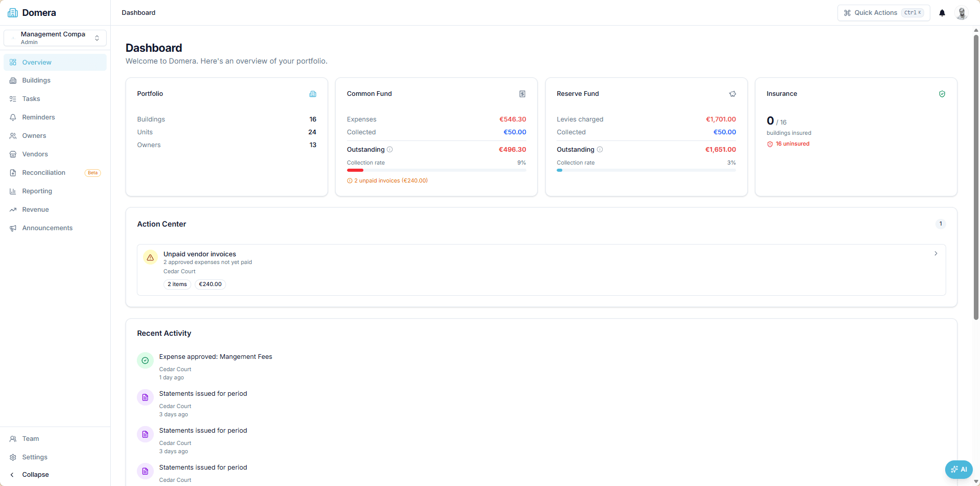 Domera portfolio dashboard with building health signals, collection metrics, and activity feed