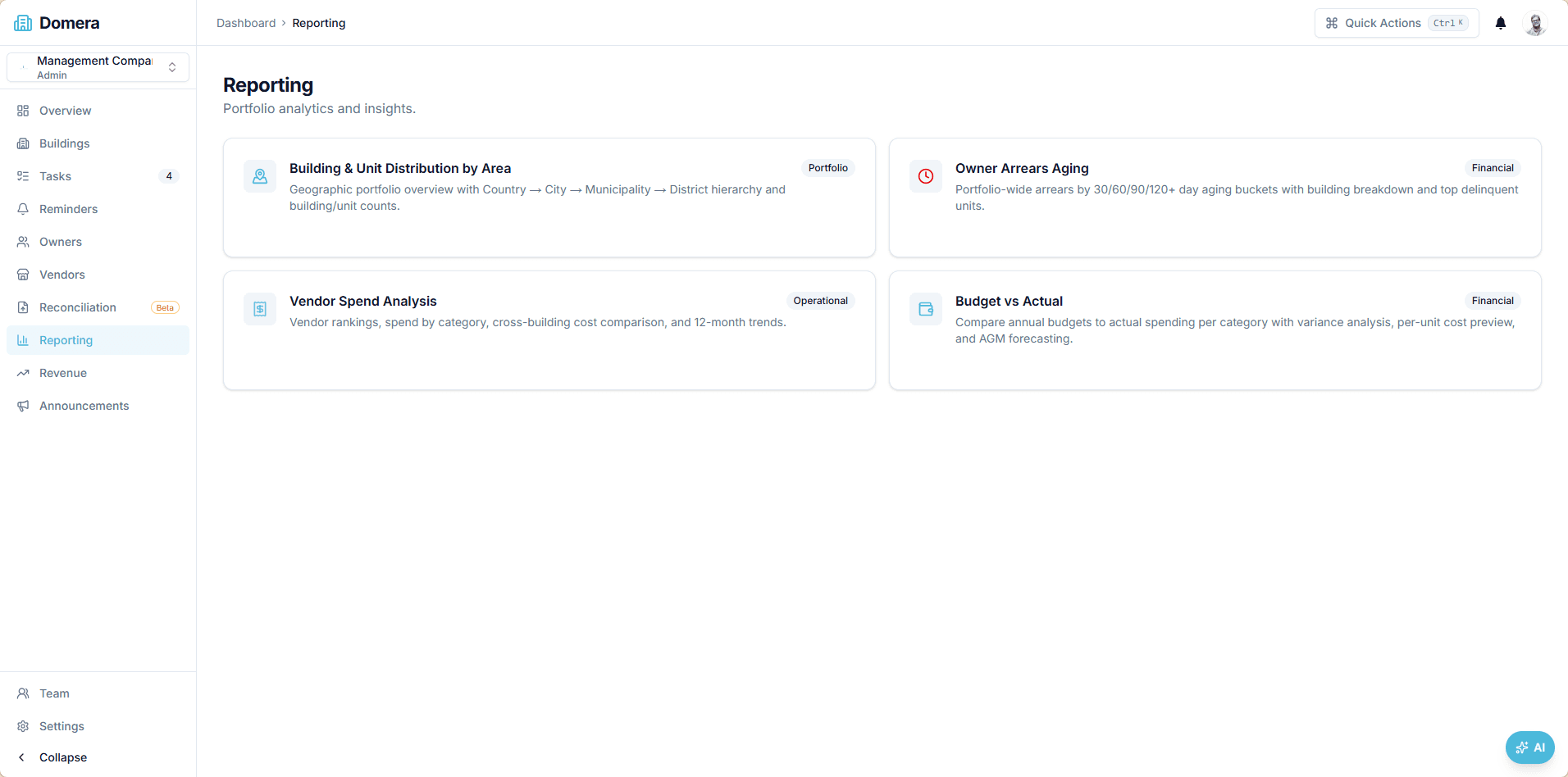 Reports dashboard showing trends, owner-level insights, and statement-ready summaries