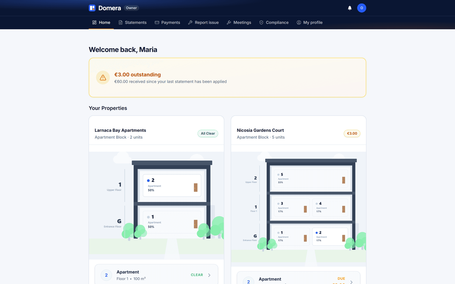 Domera owner portal home showing an owner's current balance, latest statement and payment history.