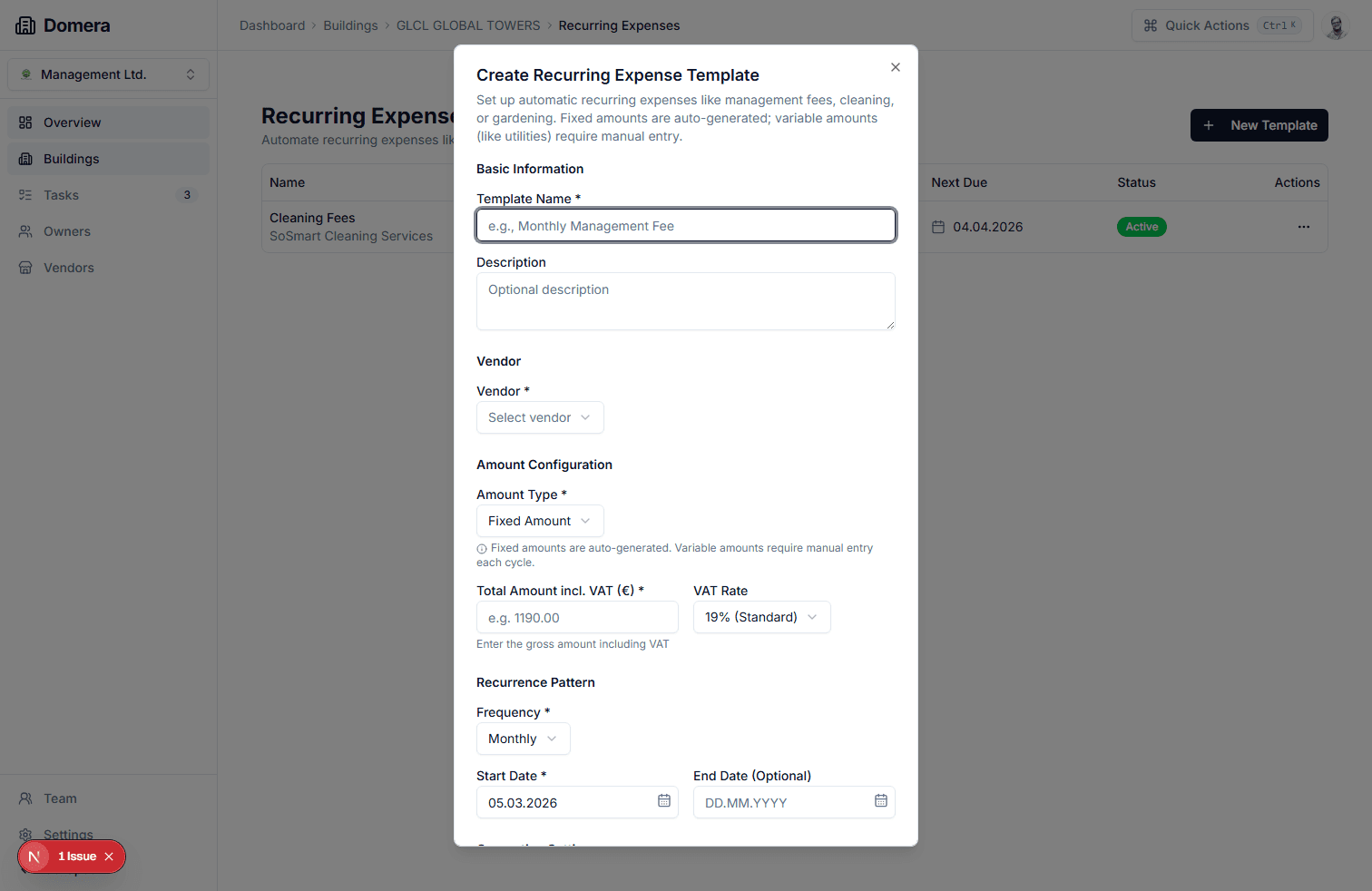 Recurring expense new template dialog live capture