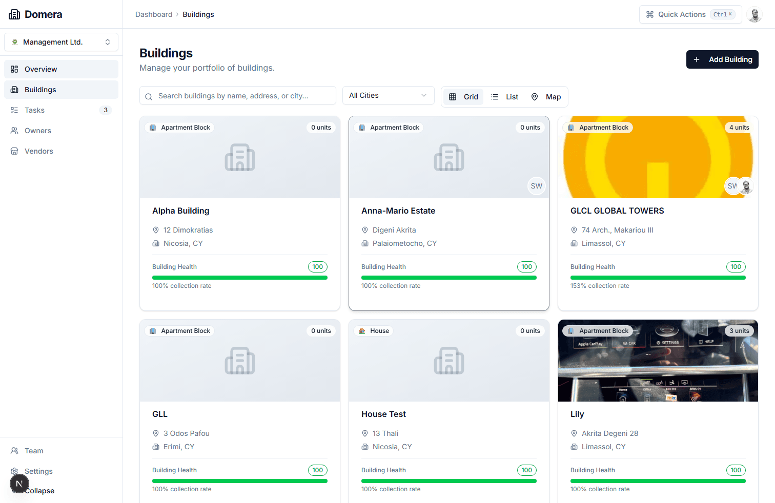 Portfolio buildings view with health indicators