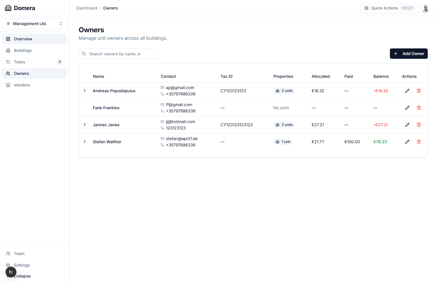 Owner balance and clearance overview