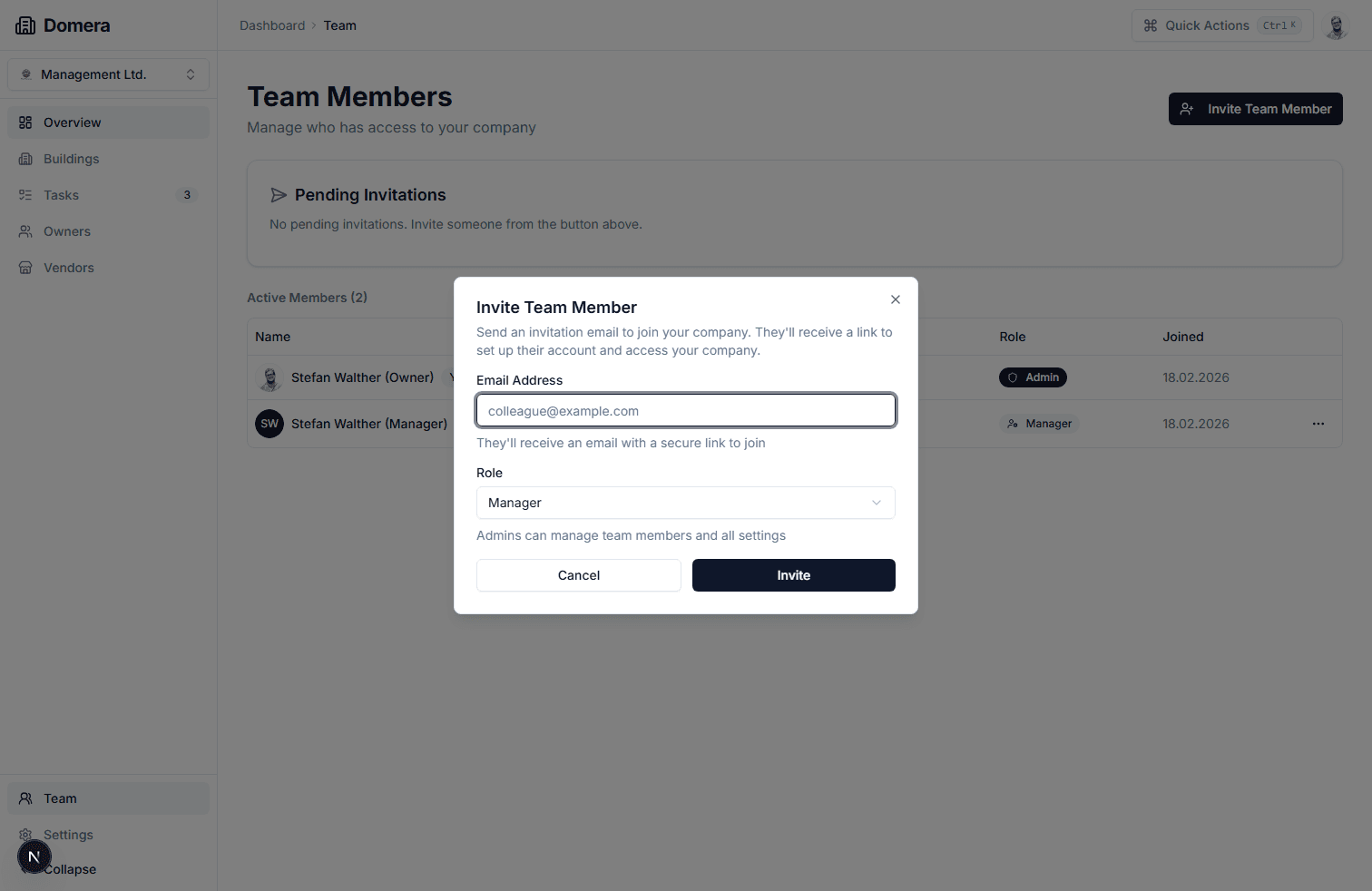 Team invite and role assignment dialog live capture