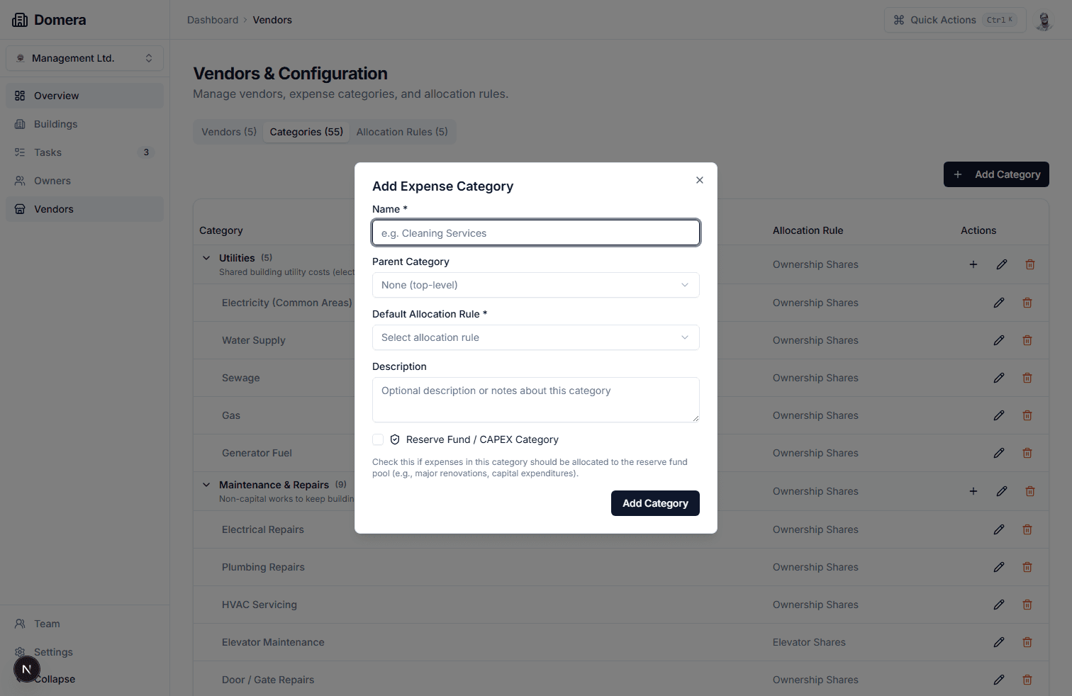 Add category dialog with reserve fund option live capture